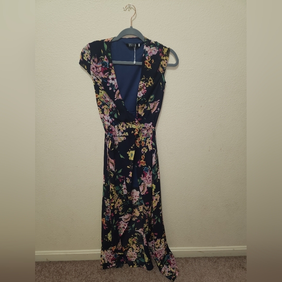 Casual Flowy Split Floral Print Wrap Long Maxi Dress, NAVY, SZ: XS ~ NWT - Picture 6 of 8